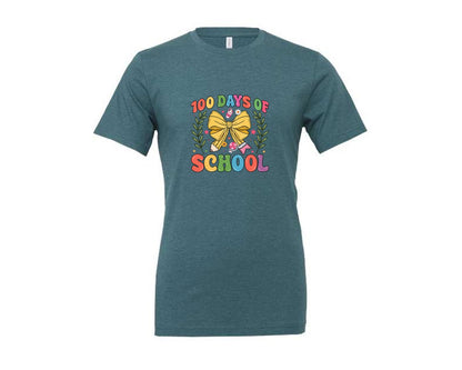 brand:Generic|color:Heather Deep Teal|100 Days Of School Coquette 38 Graphic T-Shirt