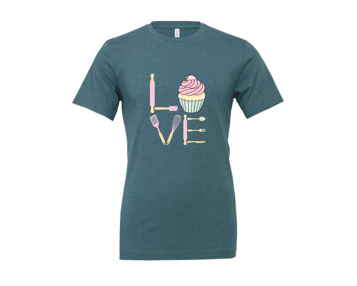 brand:Generic|color:Heather Deep Teal|Baking Love Cupcake Whisk Spatula Graphic T-Shirt