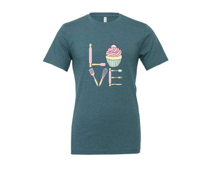 brand:Generic|color:Heather Deep Teal|Baking Love Cupcake Whisk Spatula Graphic T-Shirt