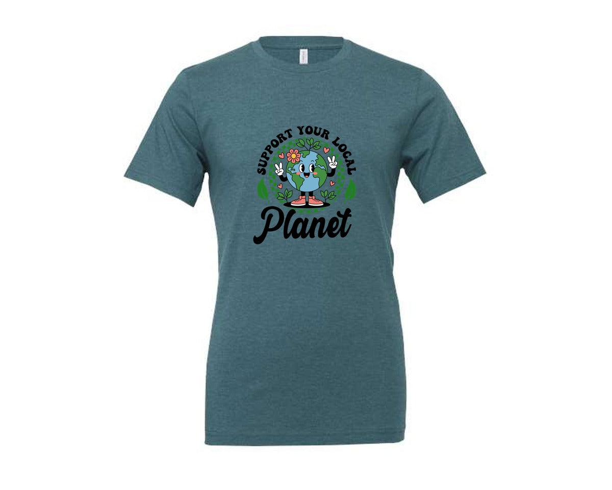 brand:Generic|color:Heather Deep Teal|Earth Day Support Your Local Planet 2 Graphic T-Shirt