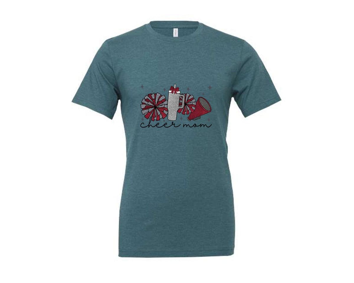 brand:Generic|color:Heather Deep Teal|Cheer Mom Glitter Cheerleading Graphic T-Shirt