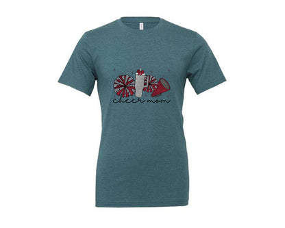 brand:Generic|color:Heather Deep Teal|Cheer Mom Glitter Cheerleading Graphic T-Shirt