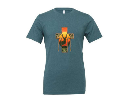 brand:Generic|color:Heather Deep Teal|Deer Cross Rustic Hunting Cross Sub Graphic T-Shirt