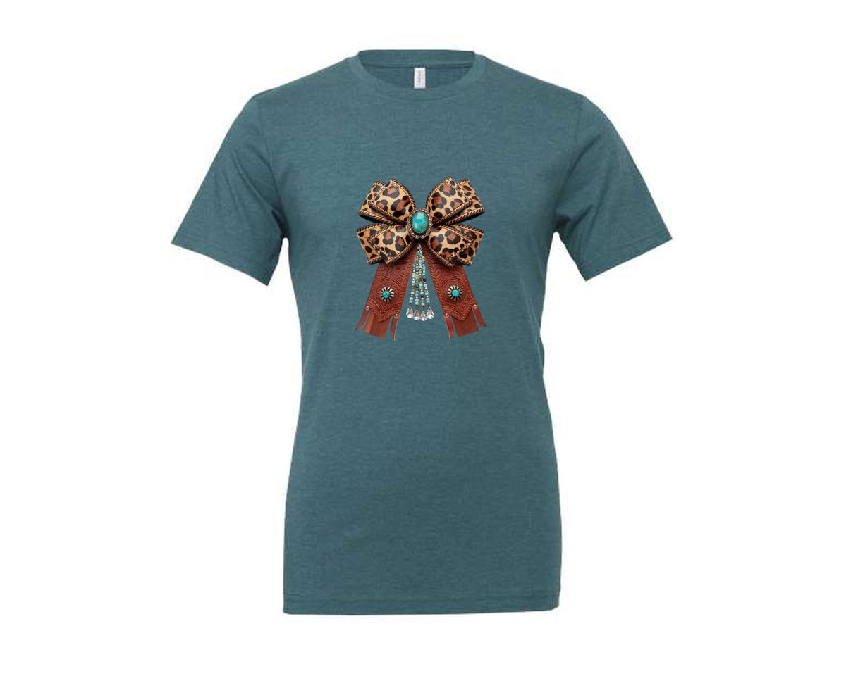brand:Generic|color:Heather Deep Teal|Western Leopard Bow Coquette Cowgirl 2 Graphic T-Shirt