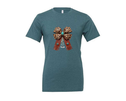 brand:Generic|color:Heather Deep Teal|Western Leopard Bow Coquette Cowgirl 2 Graphic T-Shirt