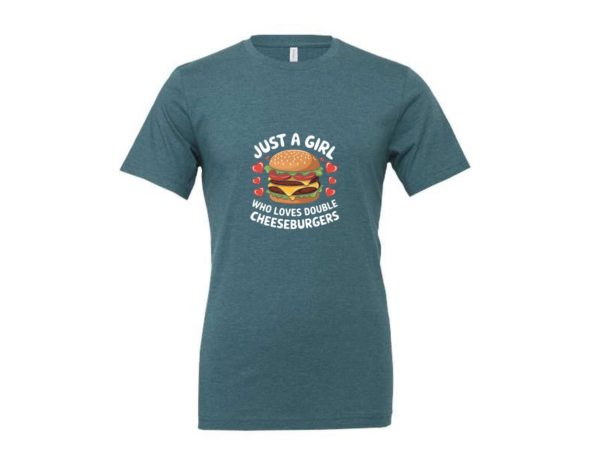 brand:Generic|color:Heather Deep Teal|Just A Girl Who Loves Double Cheeseburge Graphic T-Shirt