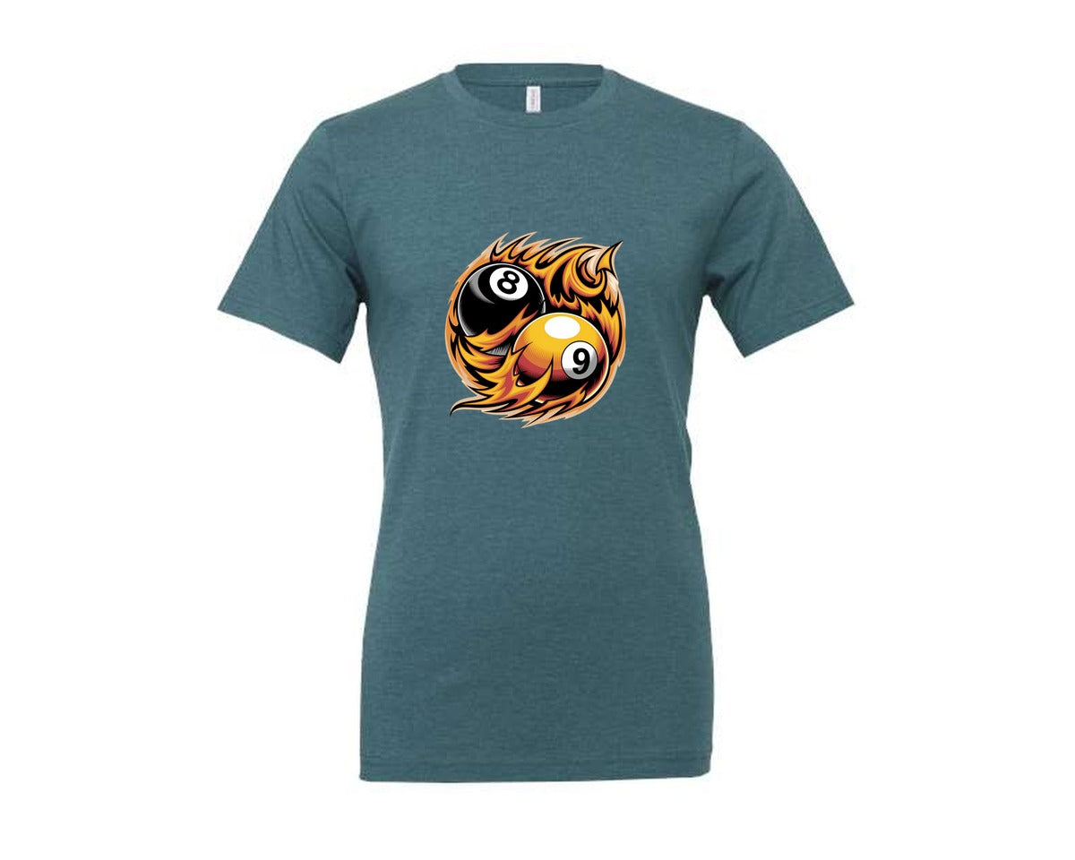 brand:Generic|color:Heather Deep Teal|Flaming 8 9 Ball Billiards Graphic T-Shirt