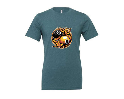brand:Generic|color:Heather Deep Teal|Flaming 8 9 Ball Billiards Graphic T-Shirt