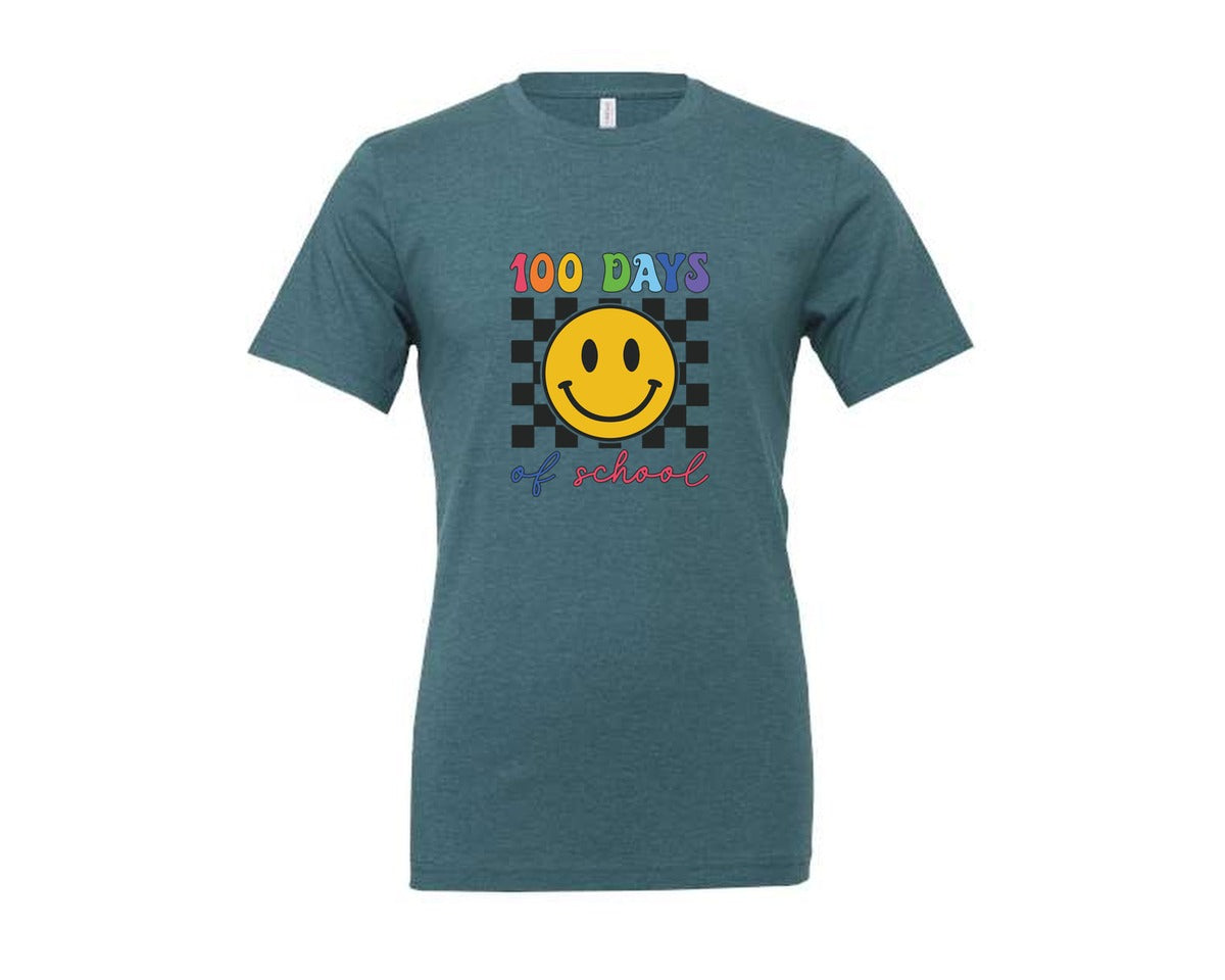 brand:Generic|color:Heather Deep Teal|100 Days Of School Retro Happy 100 Graphic T-Shirt
