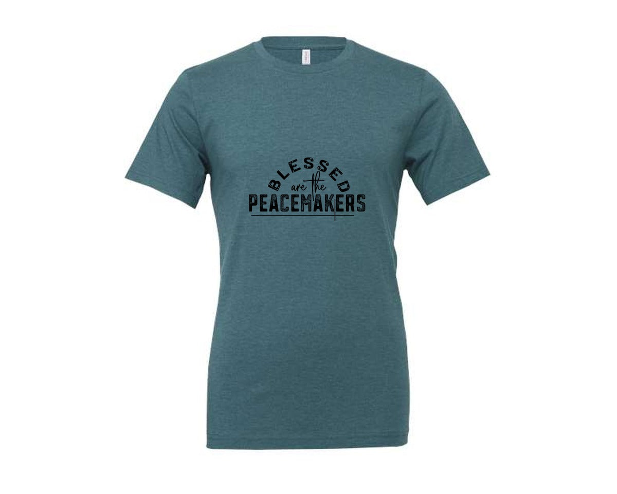 brand:Generic|color:Heather Deep Teal|Blessed Are The Peacemakers Sleeve 3 Graphic T-Shirt