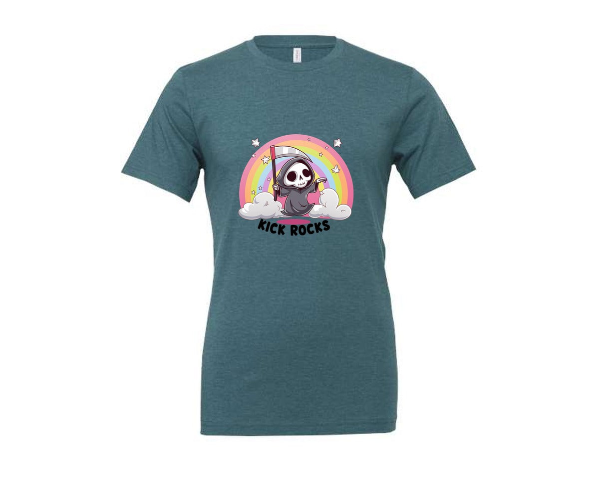 brand:Generic|color:Heather Deep Teal|Kick Rocks Cute Grim Reaper Graphic T-Shirt