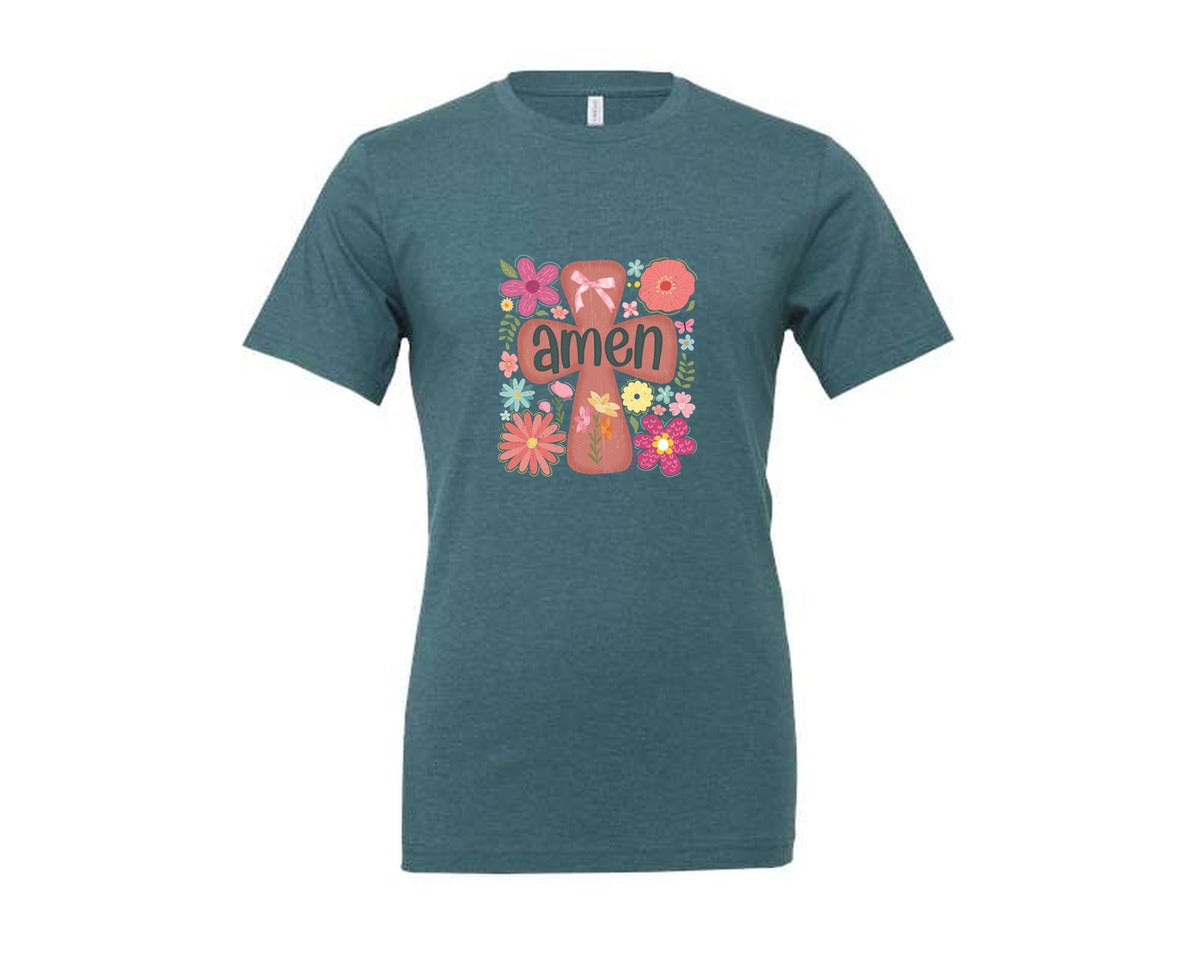 brand:Generic|color:Heather Deep Teal|Boho Floral Amen Christian Graphic T-Shirt