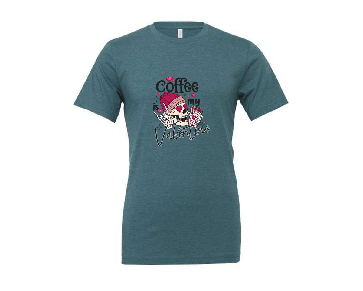 brand:Generic|color:Heather Deep Teal|Coffee Is My Valentine Skeleton T Shirt Graphic T-Shirt