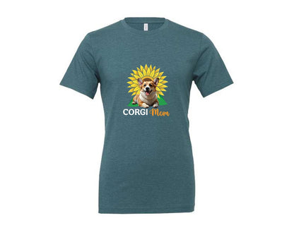 brand:Generic|color:Heather Deep Teal|Corgi Mom Sunflower Graphic T-Shirt