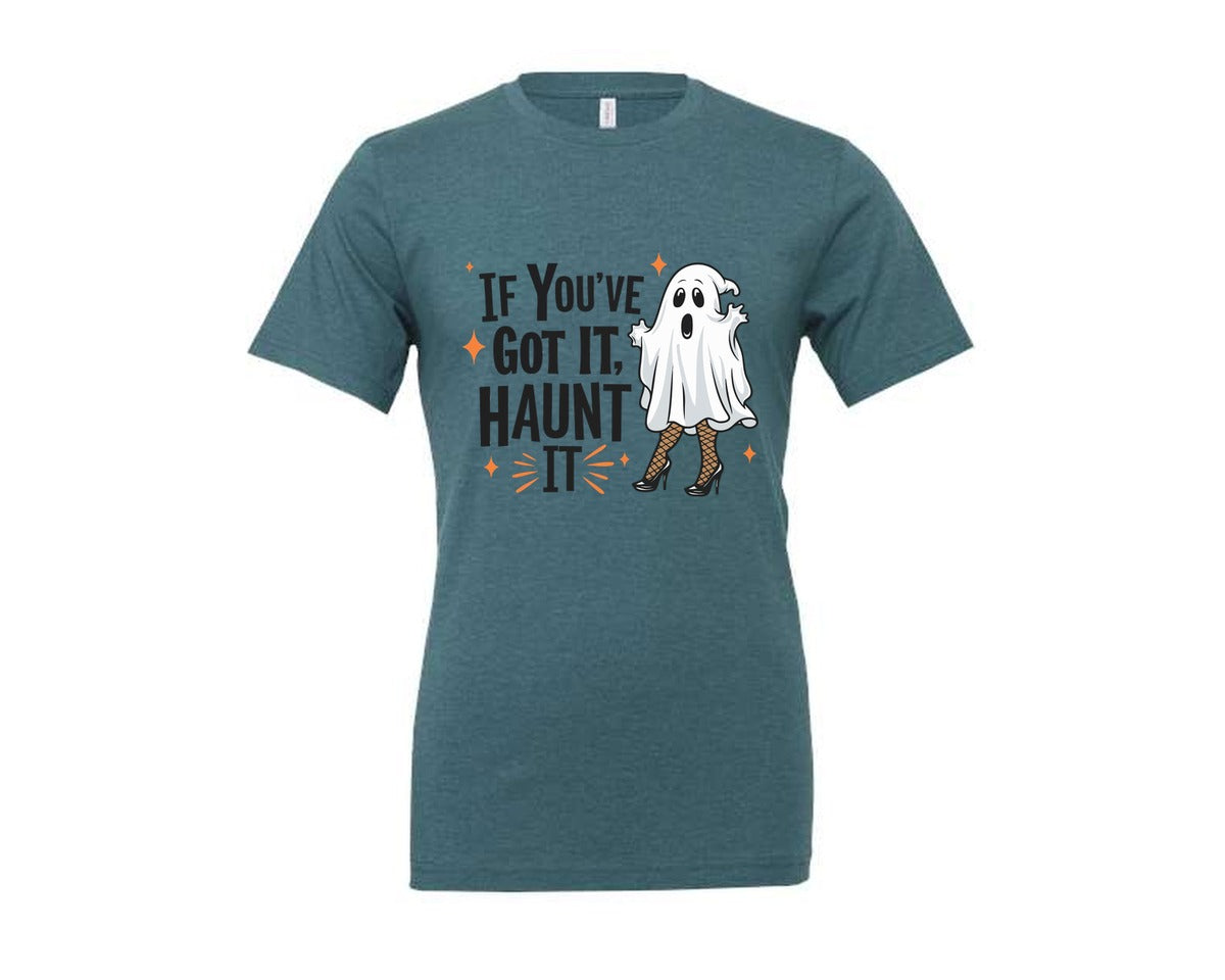 brand:Generic|color:Heather Deep Teal|Haunt It Fierce Funny Ghost Quote Graphic T-Shirt