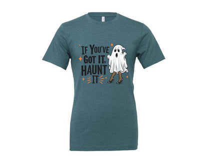 brand:Generic|color:Heather Deep Teal|Haunt It Fierce Funny Ghost Quote Graphic T-Shirt