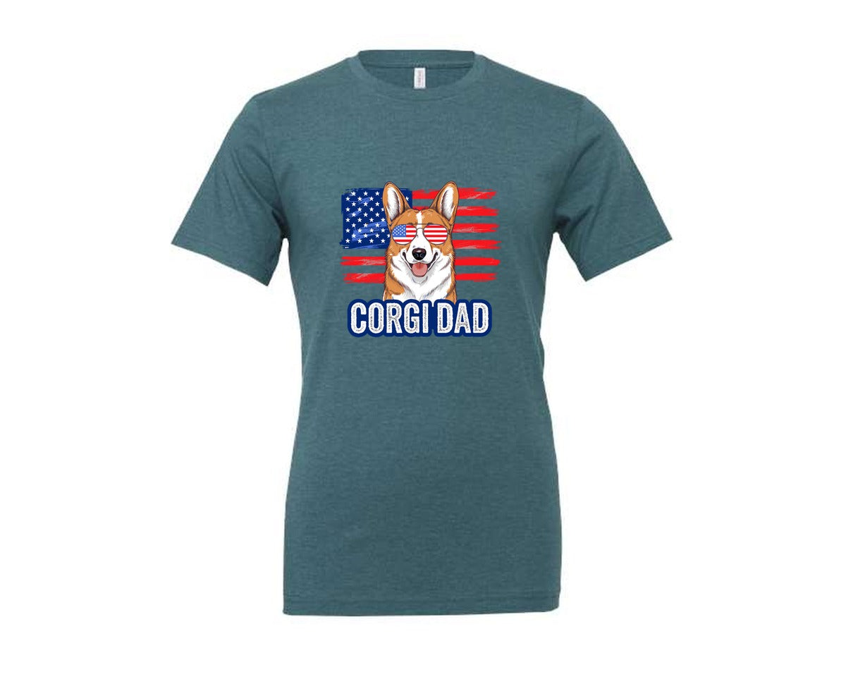 brand:Generic|color:Heather Deep Teal|Corgi Dad American Flag 4Th Of July Graphic T-Shirt