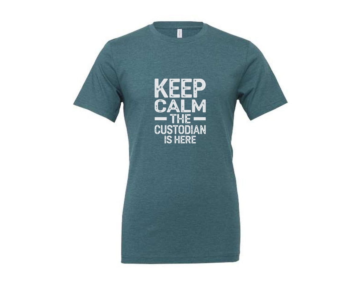 brand:Generic|color:Heather Deep Teal|Keep Calm Custodian Here Graphic T-Shirt