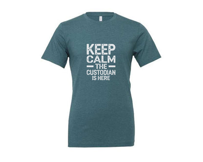 brand:Generic|color:Heather Deep Teal|Keep Calm Custodian Here Graphic T-Shirt