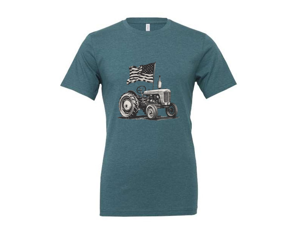 brand:Generic|color:Heather Deep Teal|Tractor Us Flag Vintage Farm Art Graphic T-Shirt