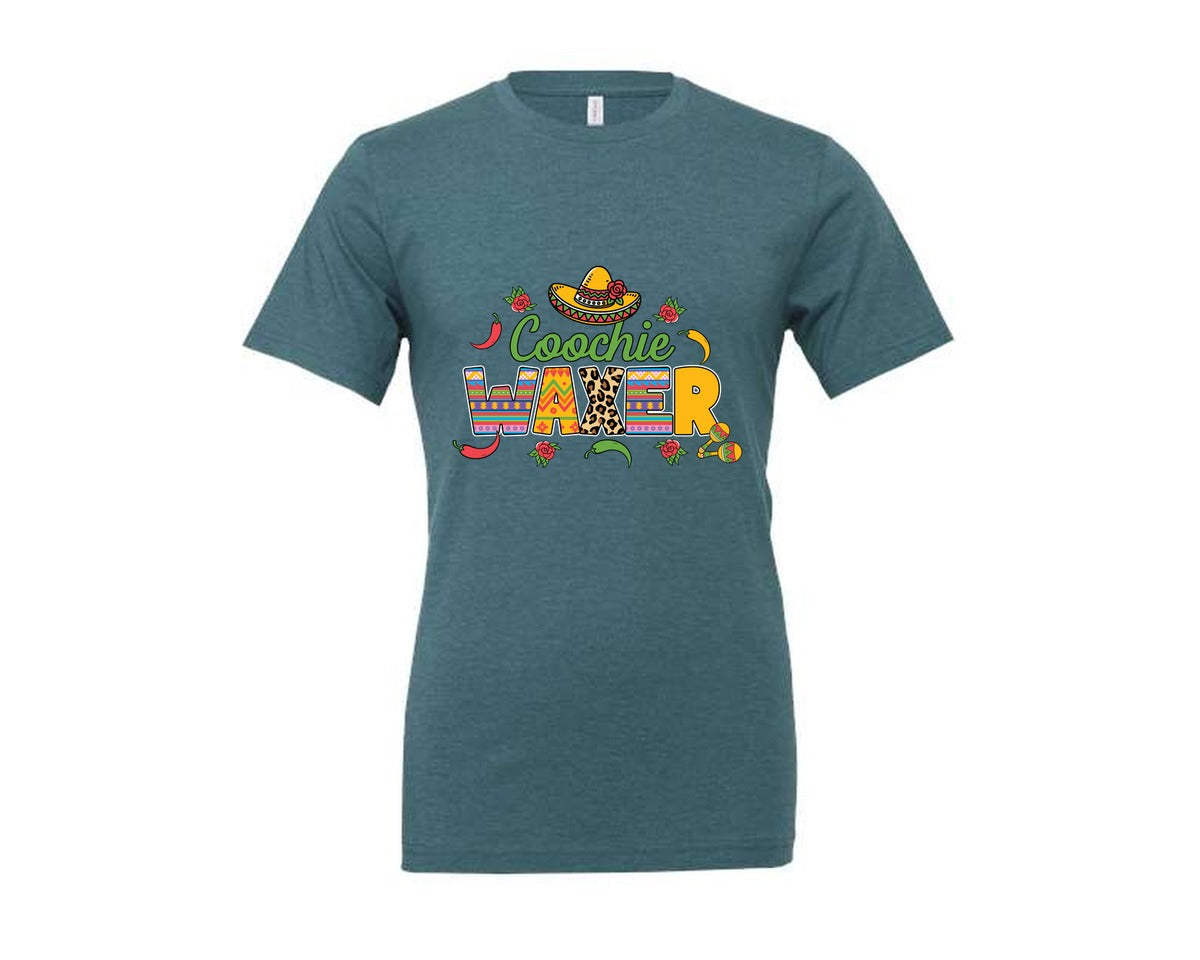 brand:Generic|color:Heather Deep Teal|Cinco De Mayo Coochie Waxer Mexico Graphic T-Shirt