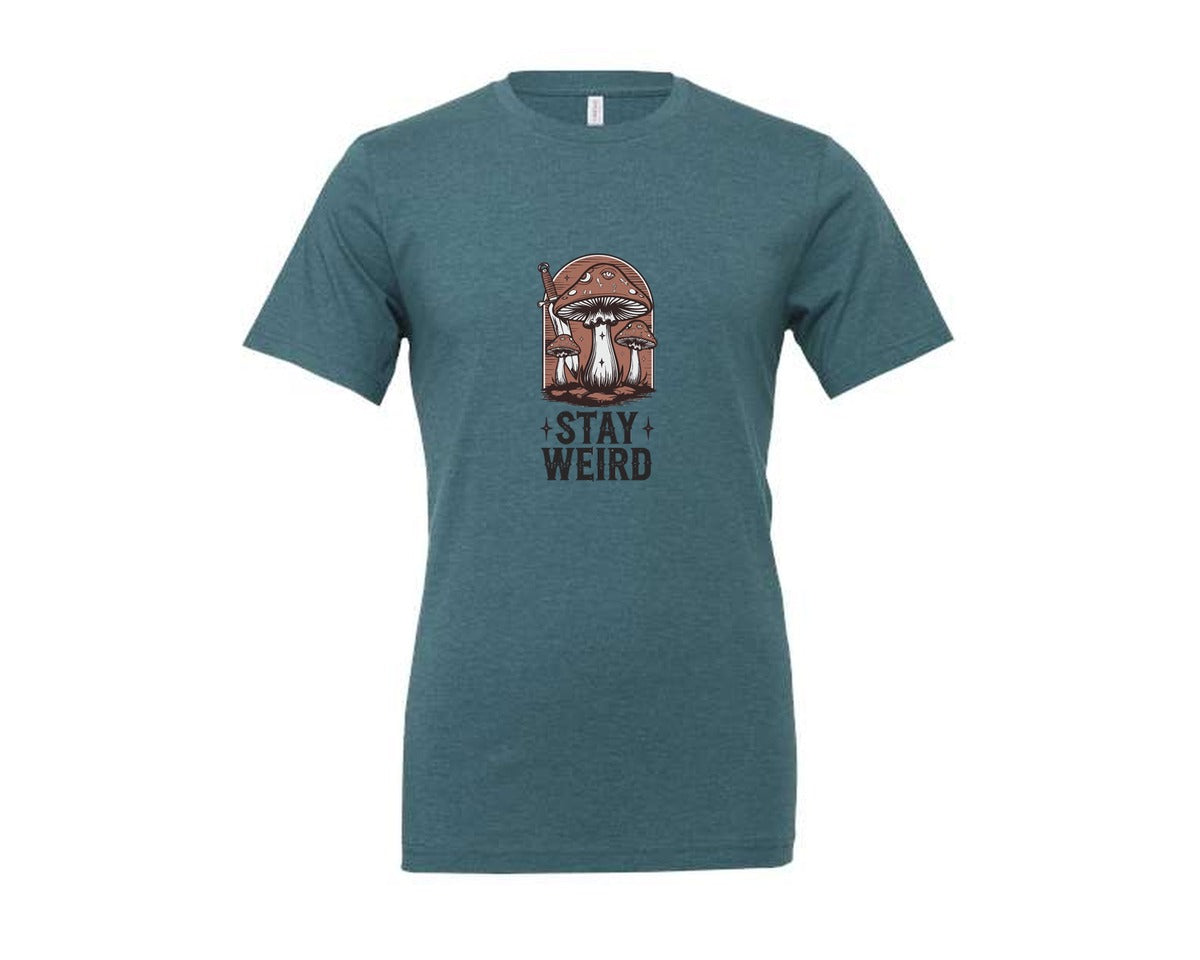 brand:Generic|color:Heather Deep Teal|Stay Weird Gothic Mushroom Art Graphic T-Shirt