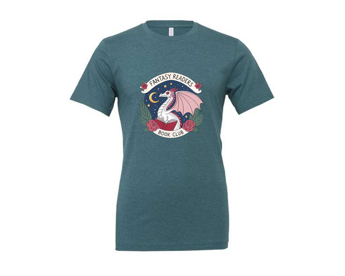 brand:Generic|color:Heather Deep Teal|Fantasy Book Club Dragon Book Graphic T-Shirt