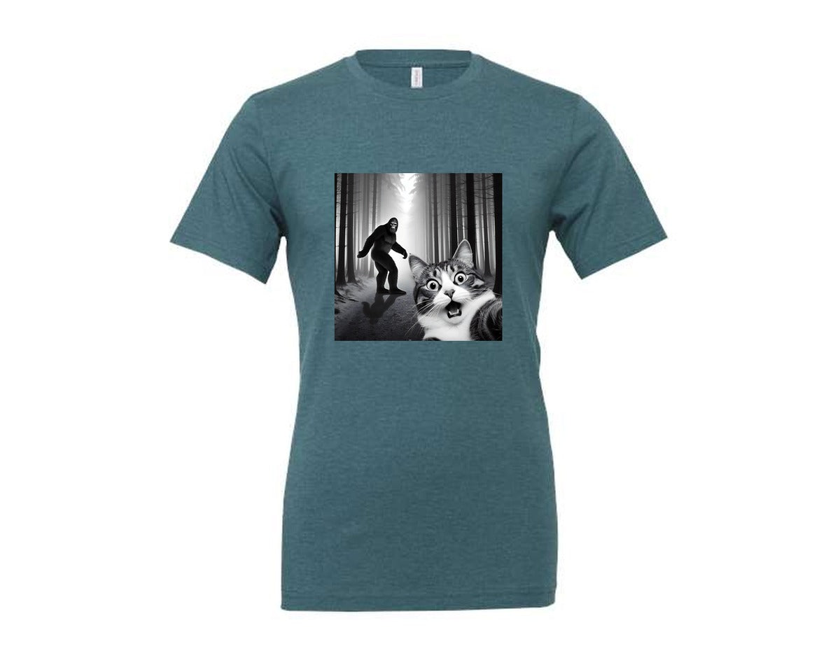 brand:Generic|color:Heather Deep Teal|Cat Selfie With Sasquatch Graphic T-Shirt