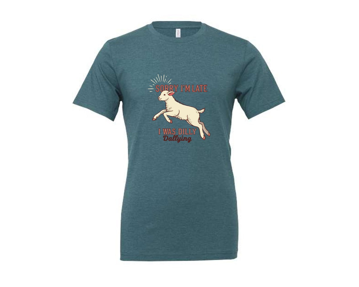 brand:Generic|color:Heather Deep Teal|Sorry Im Late Funny Goat Farm Graphic T-Shirt