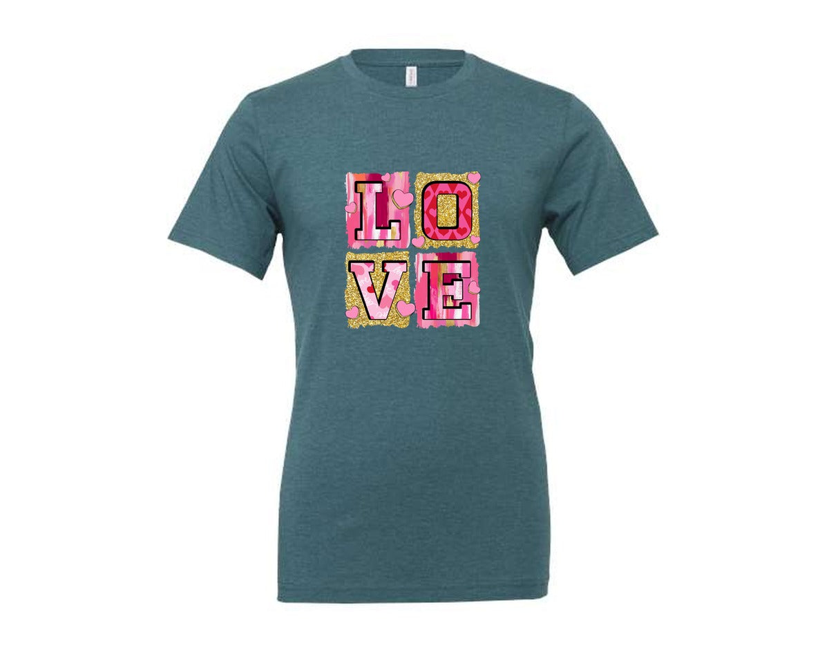 brand:Generic|color:Heather Deep Teal|Pink Valentines Day Love Coquette Graphic T-Shirt