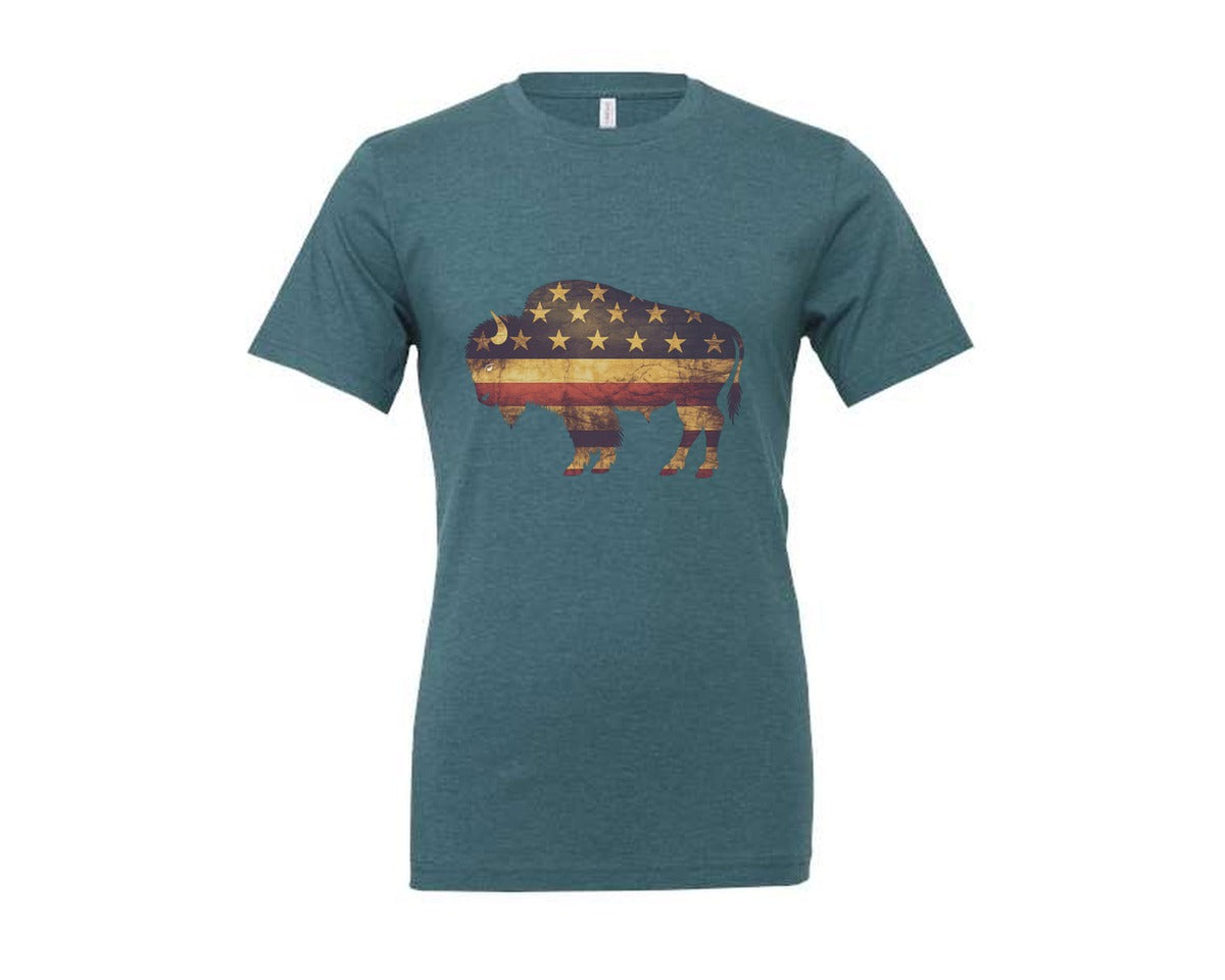brand:Generic|color:Heather Deep Teal|American Bison Patriotic Usa Flag 4 Graphic T-Shirt