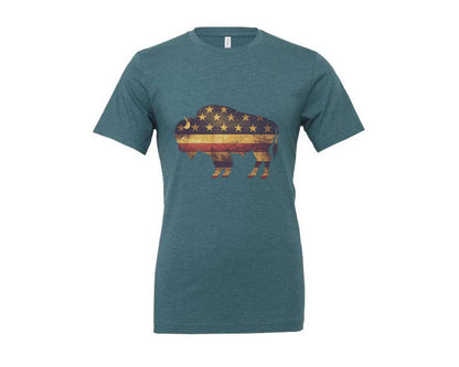 brand:Generic|color:Heather Deep Teal|American Bison Patriotic Usa Flag 4 Graphic T-Shirt