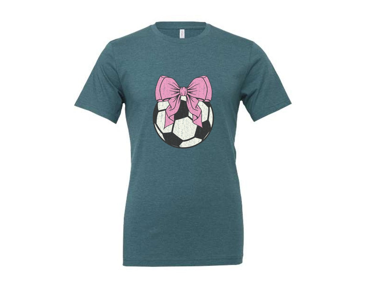 brand:Generic|color:Heather Deep Teal|Coquette Soccer Pink Bow Graphic T-Shirt