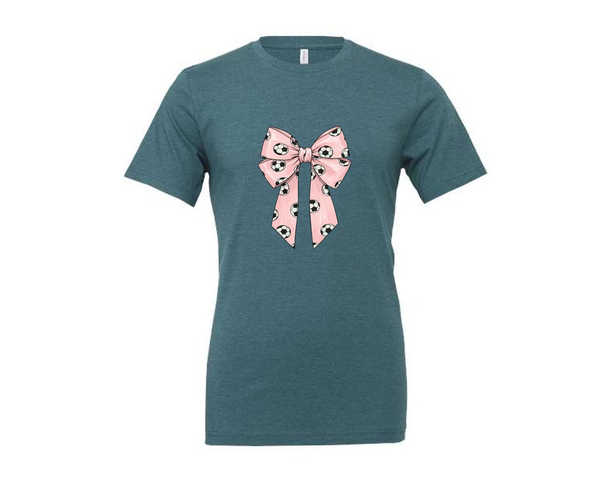 brand:Generic|color:Heather Deep Teal|Soccer Pattern Coquette Bow Graphic T-Shirt