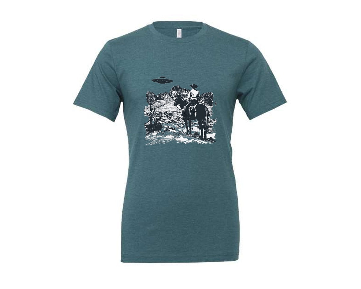 brand:Generic|color:Heather Deep Teal|Cowboy Ufo Western Shirt Graphic T-Shirt