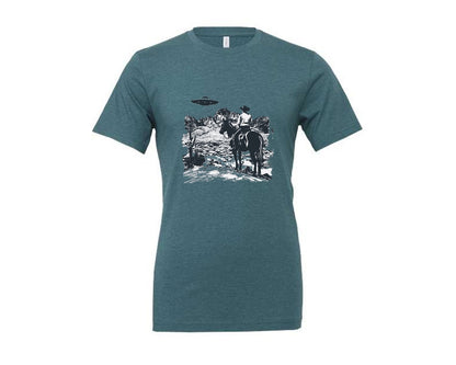 brand:Generic|color:Heather Deep Teal|Cowboy Ufo Western Shirt Graphic T-Shirt