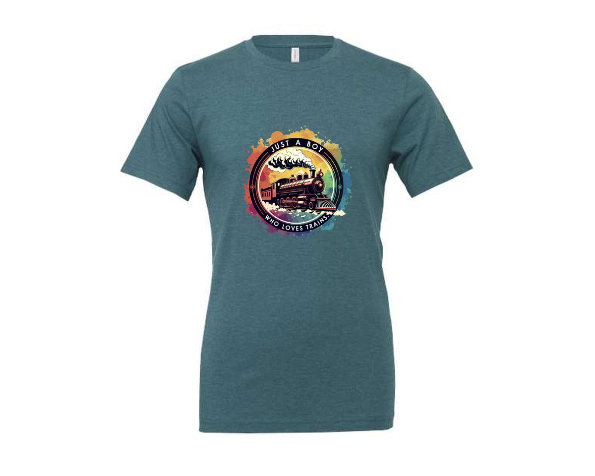 brand:Generic|color:Heather Deep Teal|Just A Boy Who Loves Trains Graphic T-Shirt