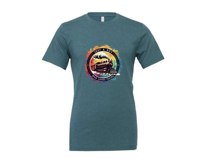 brand:Generic|color:Heather Deep Teal|Just A Boy Who Loves Trains Graphic T-Shirt