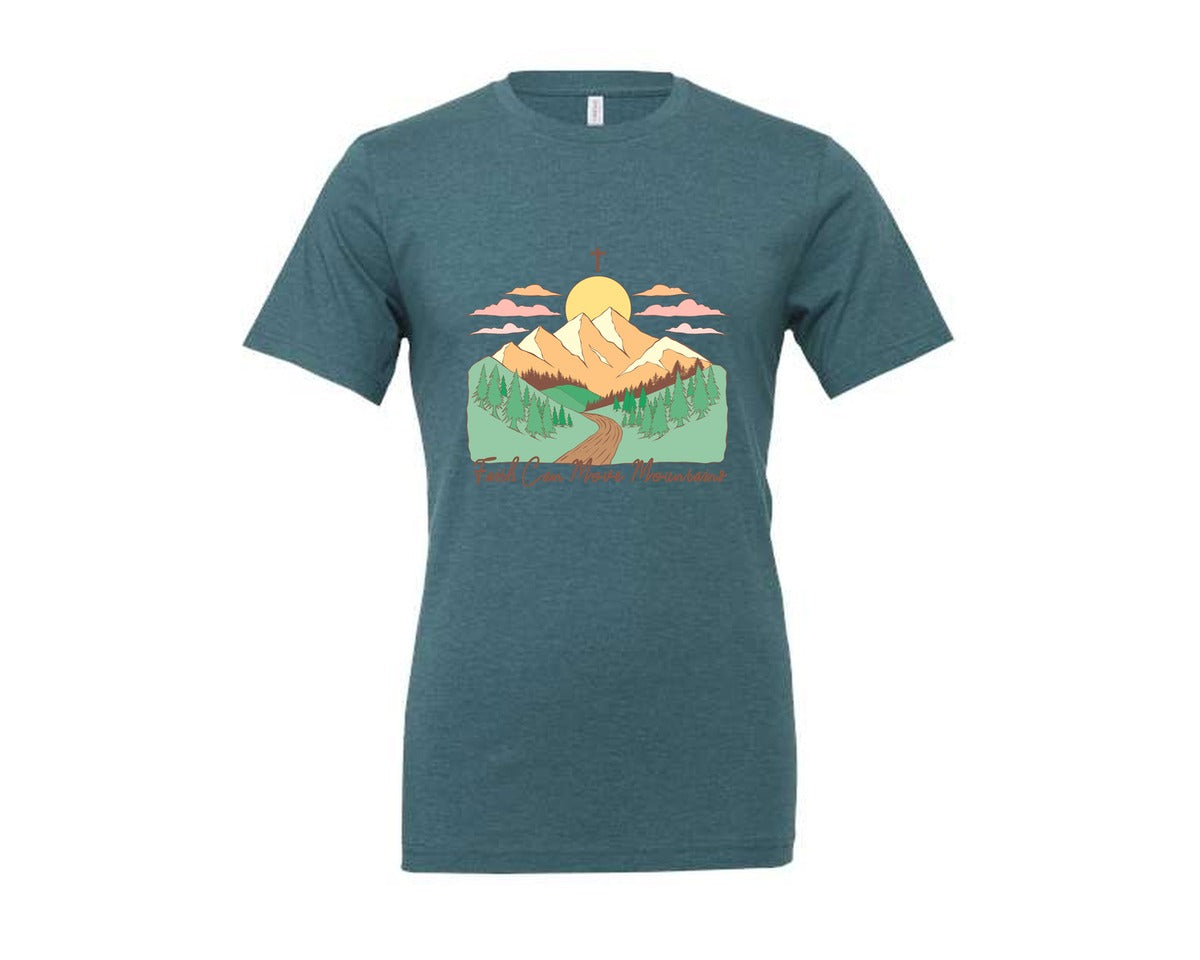 brand:Generic|color:Heather Deep Teal|Faith Can Move Mountains Christian Quote 2 Graphic T-Shirt