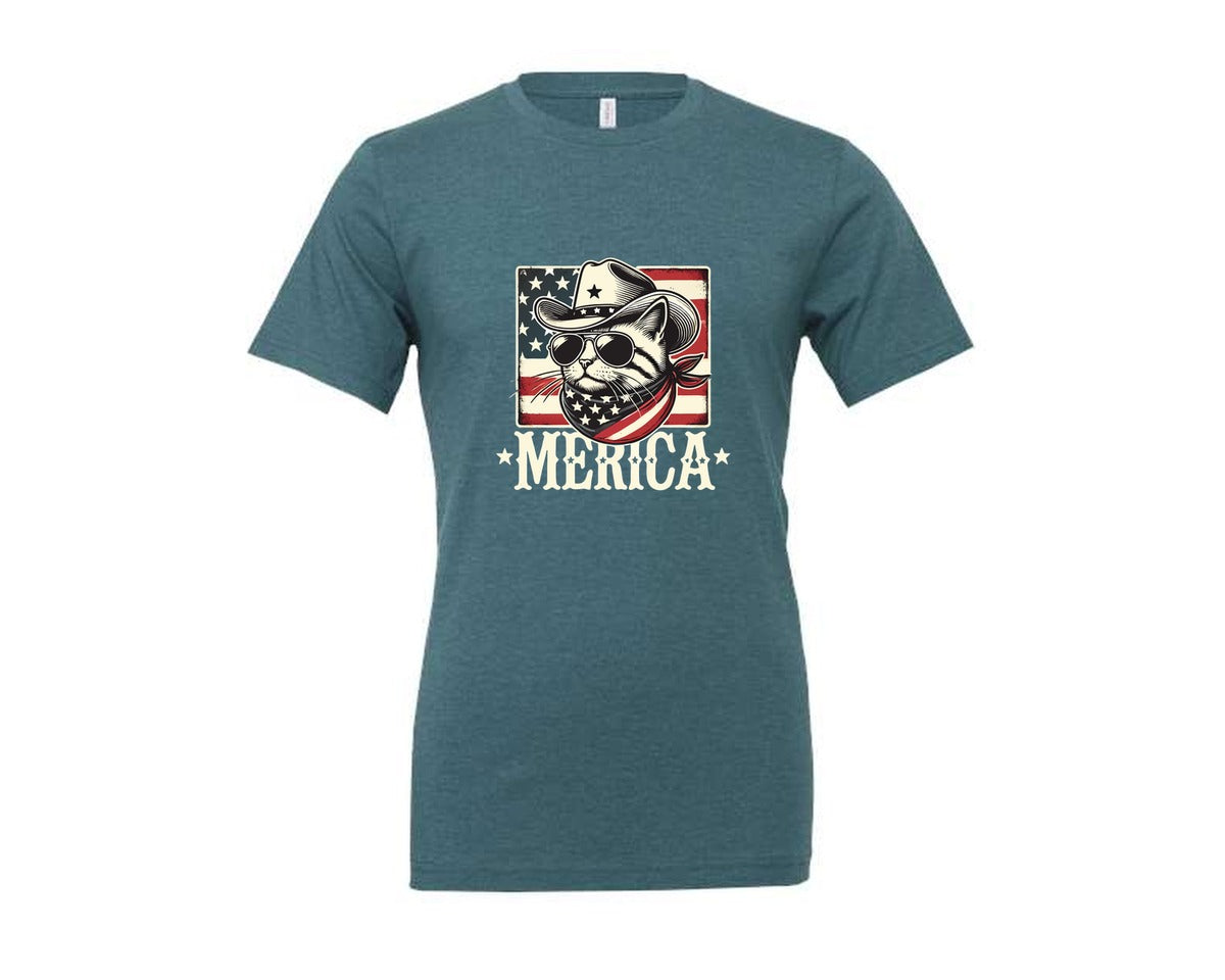 brand:Generic|color:Heather Deep Teal|Merica Cat Patriotic Cowboy Cat Graphic T-Shirt