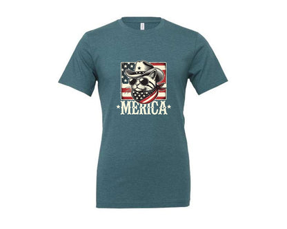 brand:Generic|color:Heather Deep Teal|Merica Cat Patriotic Cowboy Cat Graphic T-Shirt