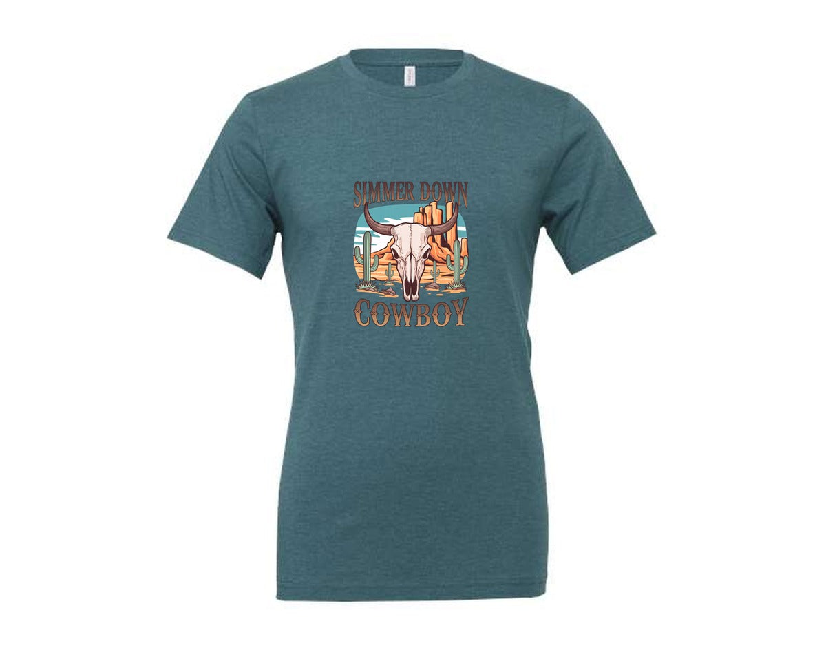 brand:Generic|color:Heather Deep Teal|Simmer Down Cowboy Western Skull 2 Graphic T-Shirt