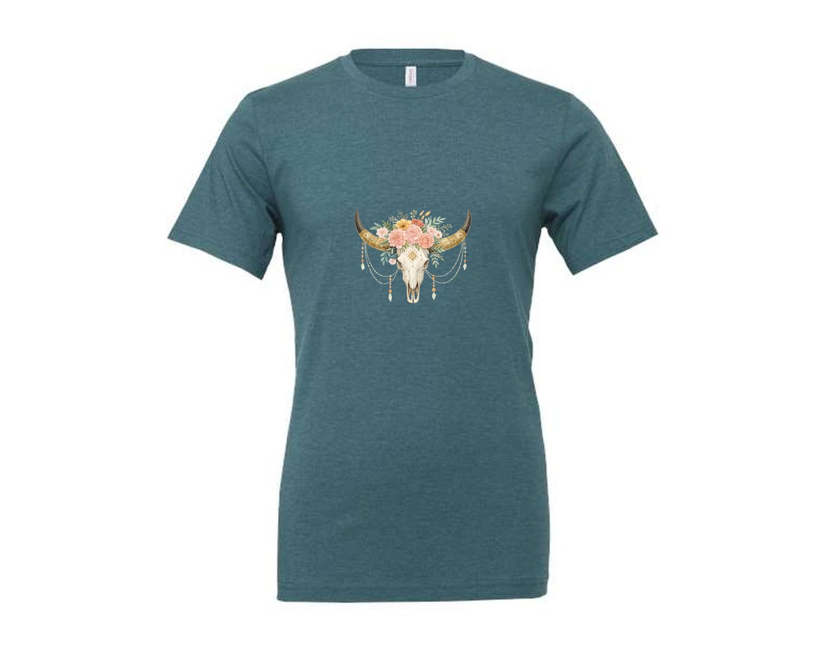 brand:Generic|color:Heather Deep Teal|Rose Flowers Western Bull Skull Longhorn 5 Graphic T-Shirt