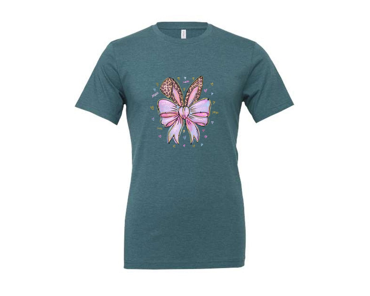 brand:Generic|color:Heather Deep Teal|Leopard Bunny Ears Pink Blue Bow Graphic T-Shirt