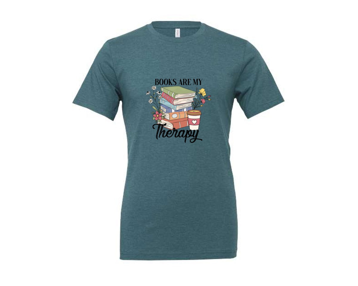 brand:Generic|color:Heather Deep Teal|Book Are My Theraphy Reading Graphic T-Shirt