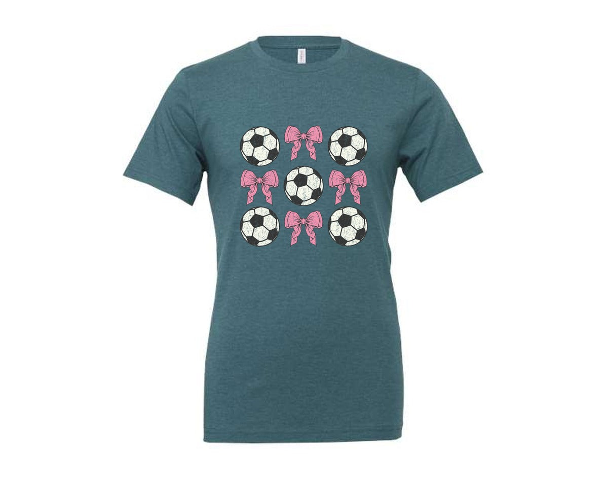 brand:Generic|color:Heather Deep Teal|Coquette Soccer Distressed Pink Bow Graphic T-Shirt