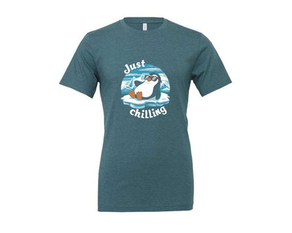 brand:Generic|color:Heather Deep Teal|Just Chilling Penguin Pun Relaxed Vibes Graphic T-Shirt