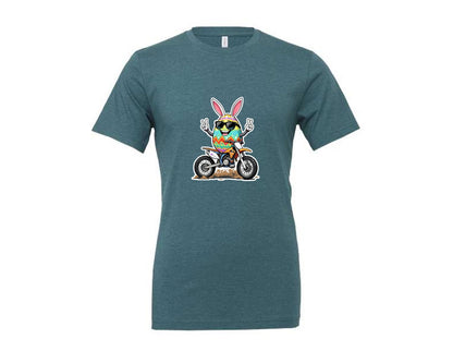 brand:Generic|color:Heather Deep Teal|Egg Bunny On Motorbike T Shirt Design Graphic T-Shirt
