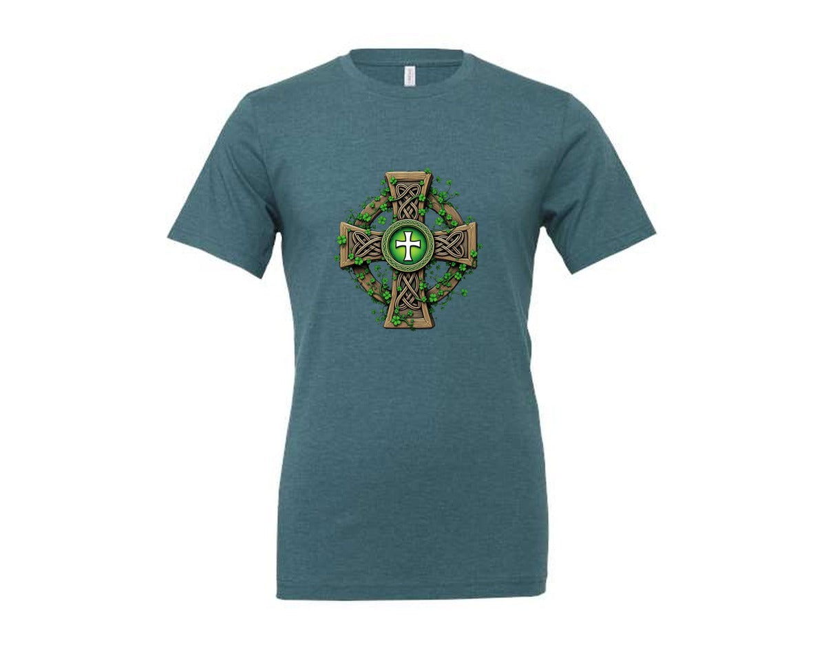 brand:Generic|color:Heather Deep Teal|Celtic Cross With Shamrocks Irish Graphic T-Shirt