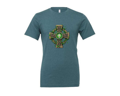 brand:Generic|color:Heather Deep Teal|Celtic Cross With Shamrocks Irish Graphic T-Shirt